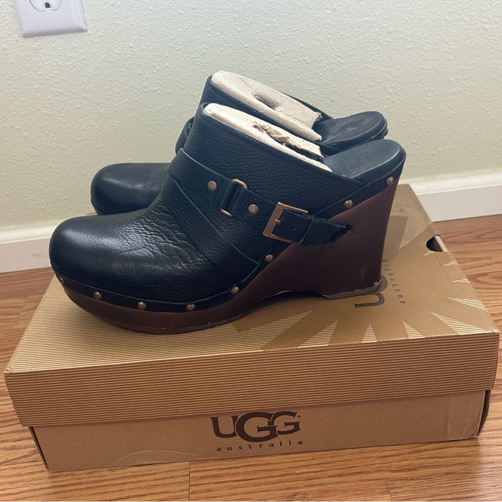 UGG Black Leather Wedge Mules